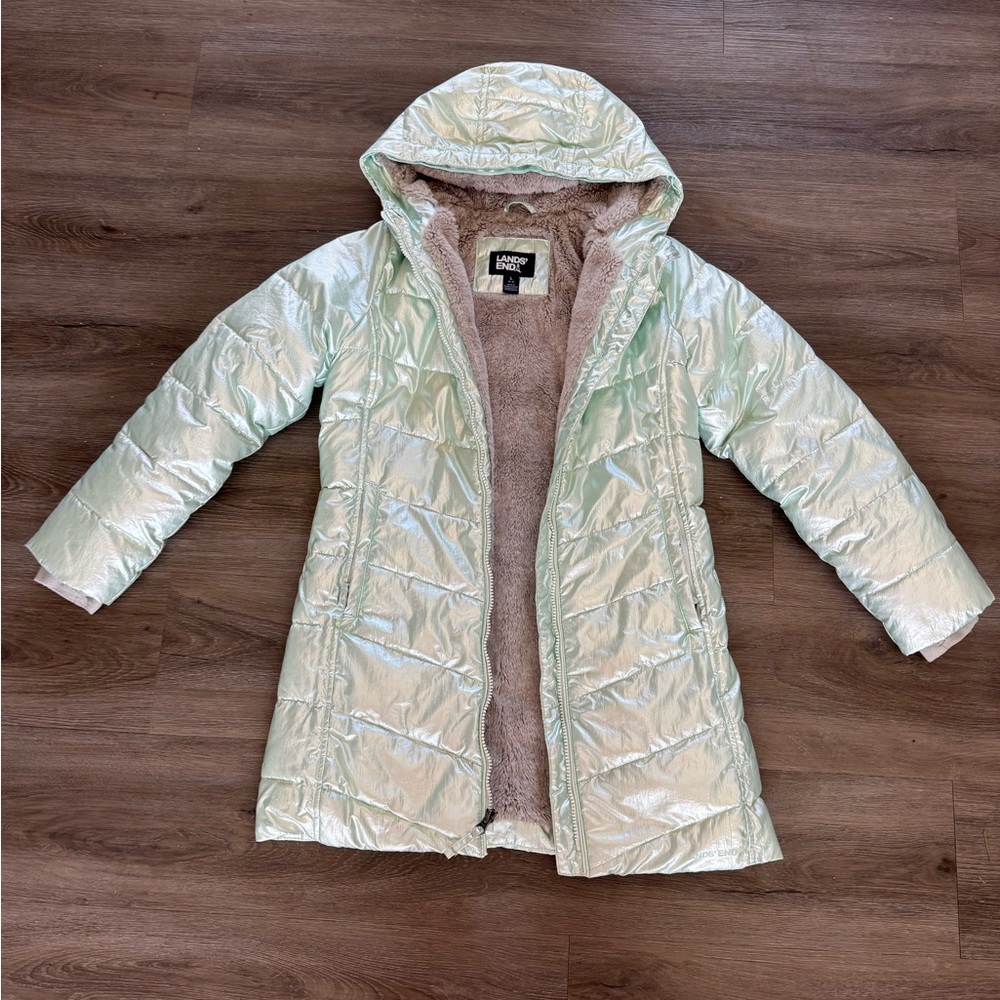Lands' End Metallic Green Hooded Puffer Jacket